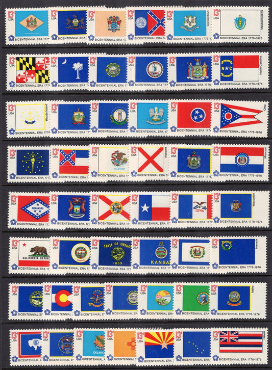 50 STATE FLAGS Commemorating the 1976 BICENTENNIAL -Shown in order of admittance to the Union - MINT US Postage Stamps - INDIVIDUAL STATE FLAGS ALSO AVAILABLE (please ask) - Bright, Post Office Fresh-