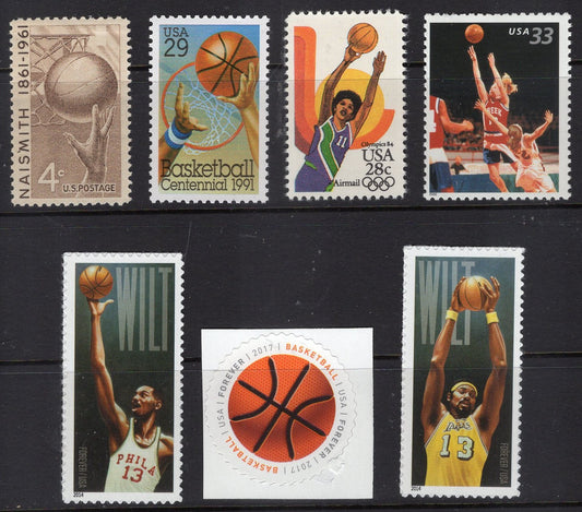 Basic BASKETBALL COLLECTION of 7 Mint Stamps - GREAT GIFT! - NAISMITH CHAMBERLAIN Girls Olympics Ball Dunking Sport Hoops - Also - please see the advanced collection with 9 stamps. 