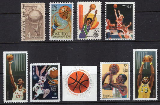 ADVANCED BASKETBALL COLLECTION of 9 Mint Stamps - GREAT GIFT! - NAISMITH CHAMBERLAIN Girls Olympics Bugs Bunny Sports Ball Dunking Sport Hoops