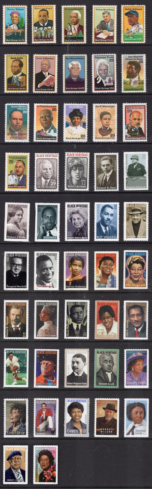 BLACK HERITAGE AMERICANS Complete Collection of 47 with a Edmonia Lewis Unused Fresh Bright USA Postage Stamps