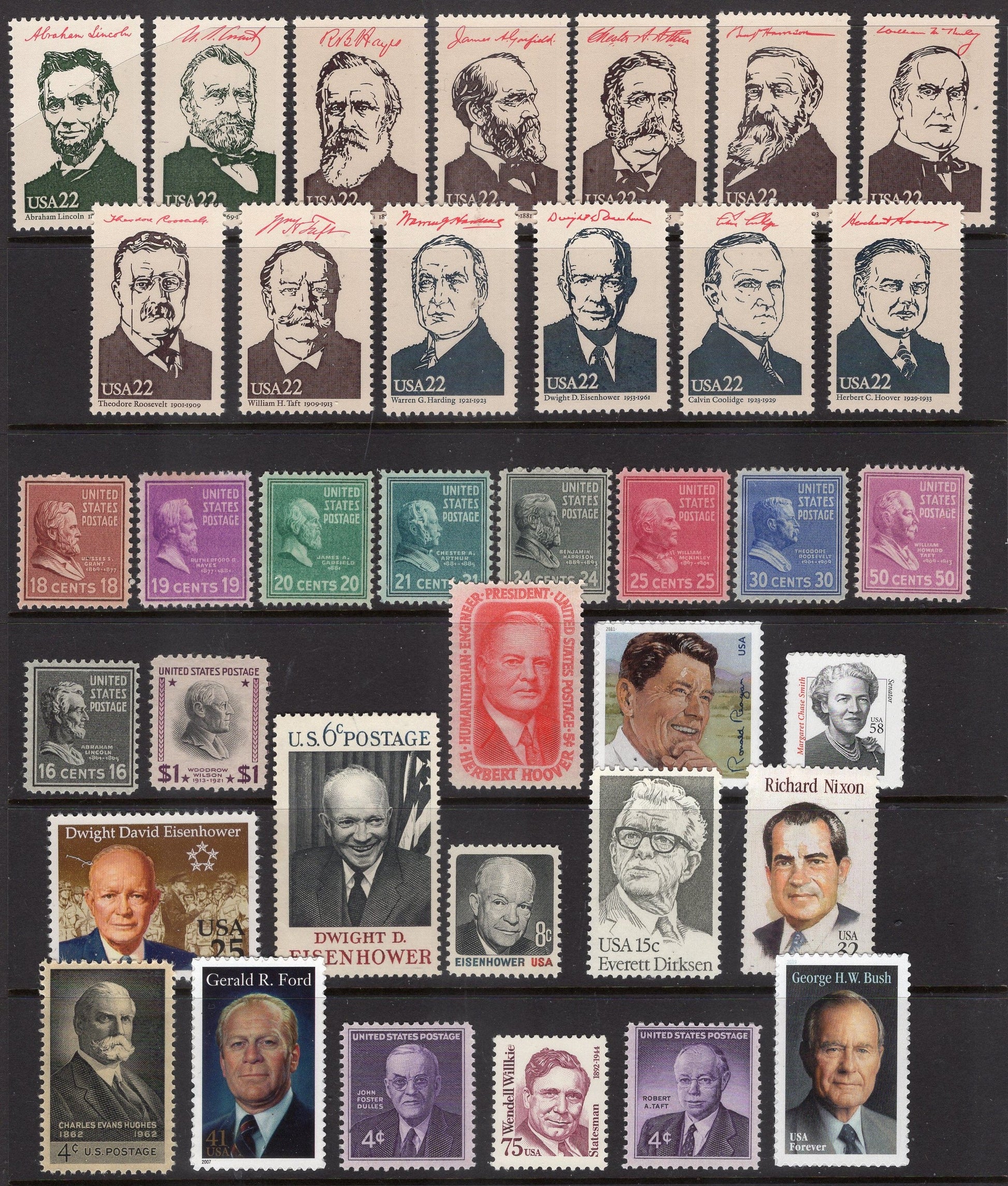 PROMINENT REPUBLICANS LINCOLN to REAGAN 37 Mint Stamps Lincoln Grant Hayes Garfield Arthur B. Harrison McKinley T. Roosevelt W Taft Harding Coolidge Hoover Eisenhower Nixon Ford Reagan G.H.W. Bush Wilkie Dirksen M C Smith Hughes Dulles R Taft 