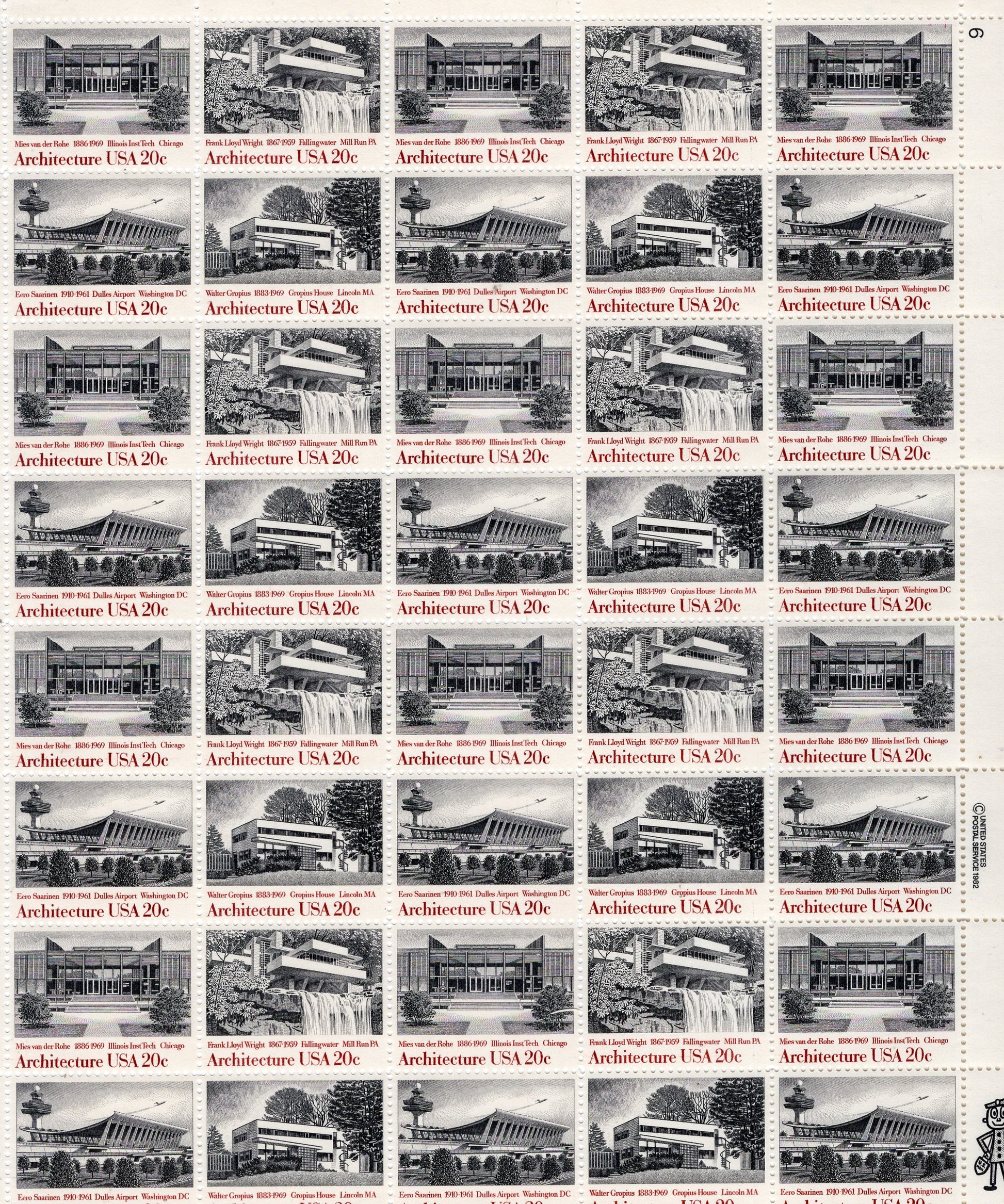 ARCHITECTURE COMPLETE SHEET of 40 Stamps for FRANK LLOYD WRIGHT - Walter GROPIUS - Eero SAARINEN - MIES van der ROHE Unused Fresh Bright US Postage Stamps- Issued in 1982