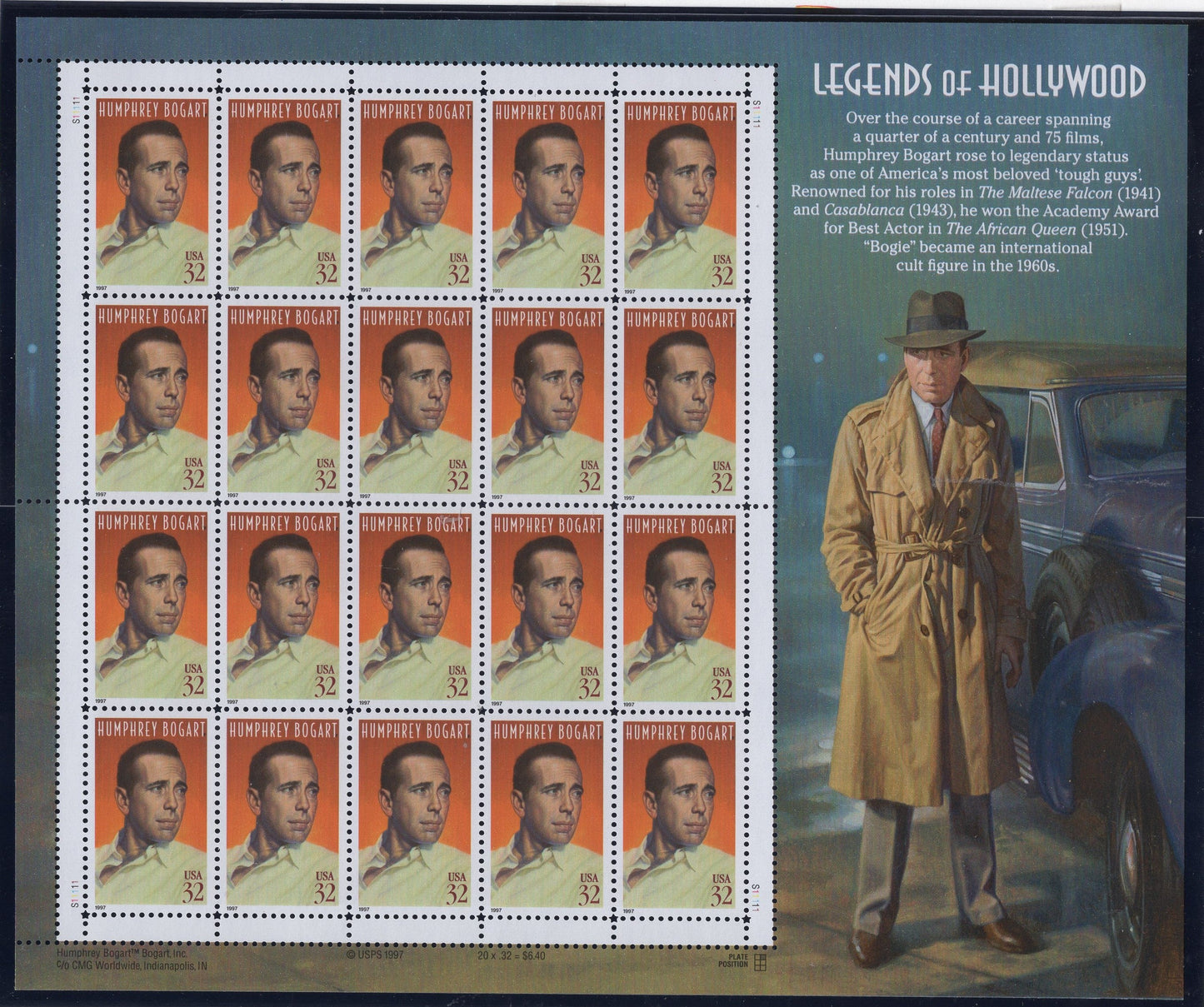 HUMPHREY BOGART LEGENDARY ACTOR SPECIAL DECORATIVE SHEET of 20 Stamps - A Great Gift