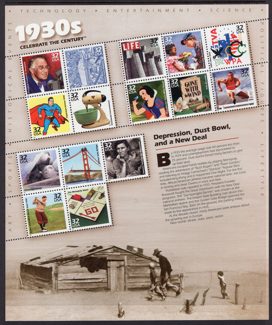 CELEBRATE the 1930's DECADE with this Lovely SHEET Showing 15 Important Events Scenes 1930-1939 - Issued in 1998