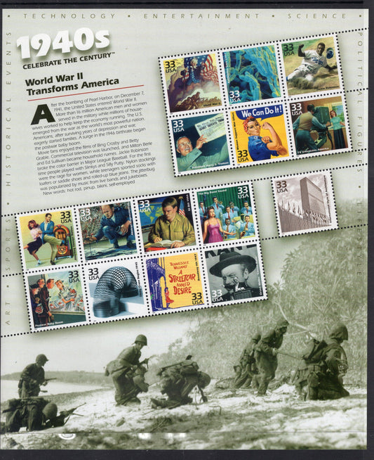 CELEBRATE the 1940's DECADE with this Lovely SHEET Showing 15 Important Events Scenes 1940-1949 - Issued in 1999