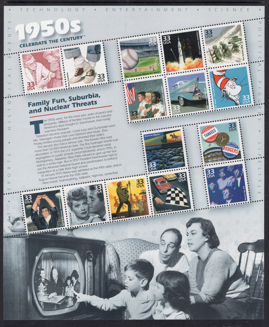 CELEBRATE the 1950's DECADE with this Lovely SHEET Showing 15 Important Events Scenes 1950-1959 - Issued in 1999