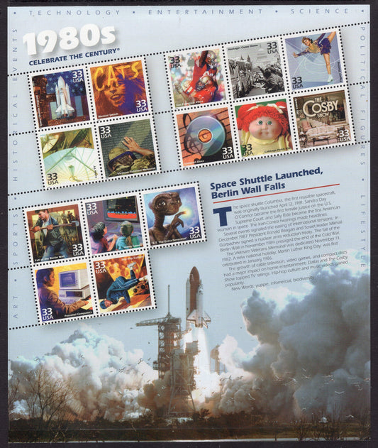 CELEBRATE the 1980's DECADE with this Lovely SHEET Showing 15 Important Events Scenes 1980-1989 - Issued in 2000