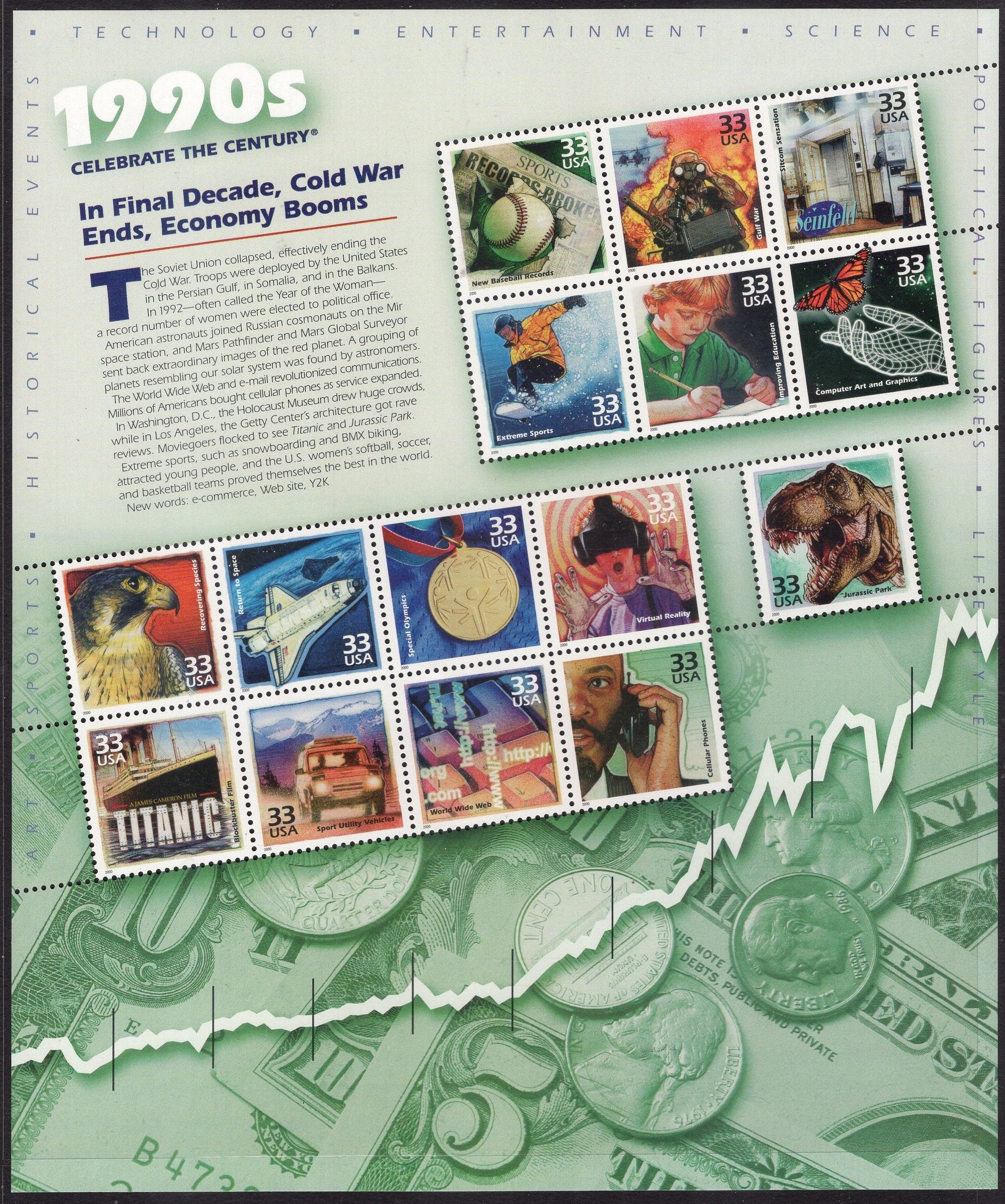 CELEBRATE the 1990's DECADE with this Lovely SHEET Showing 15 Important Events Scenes 1990-1999 - Issued in 2000