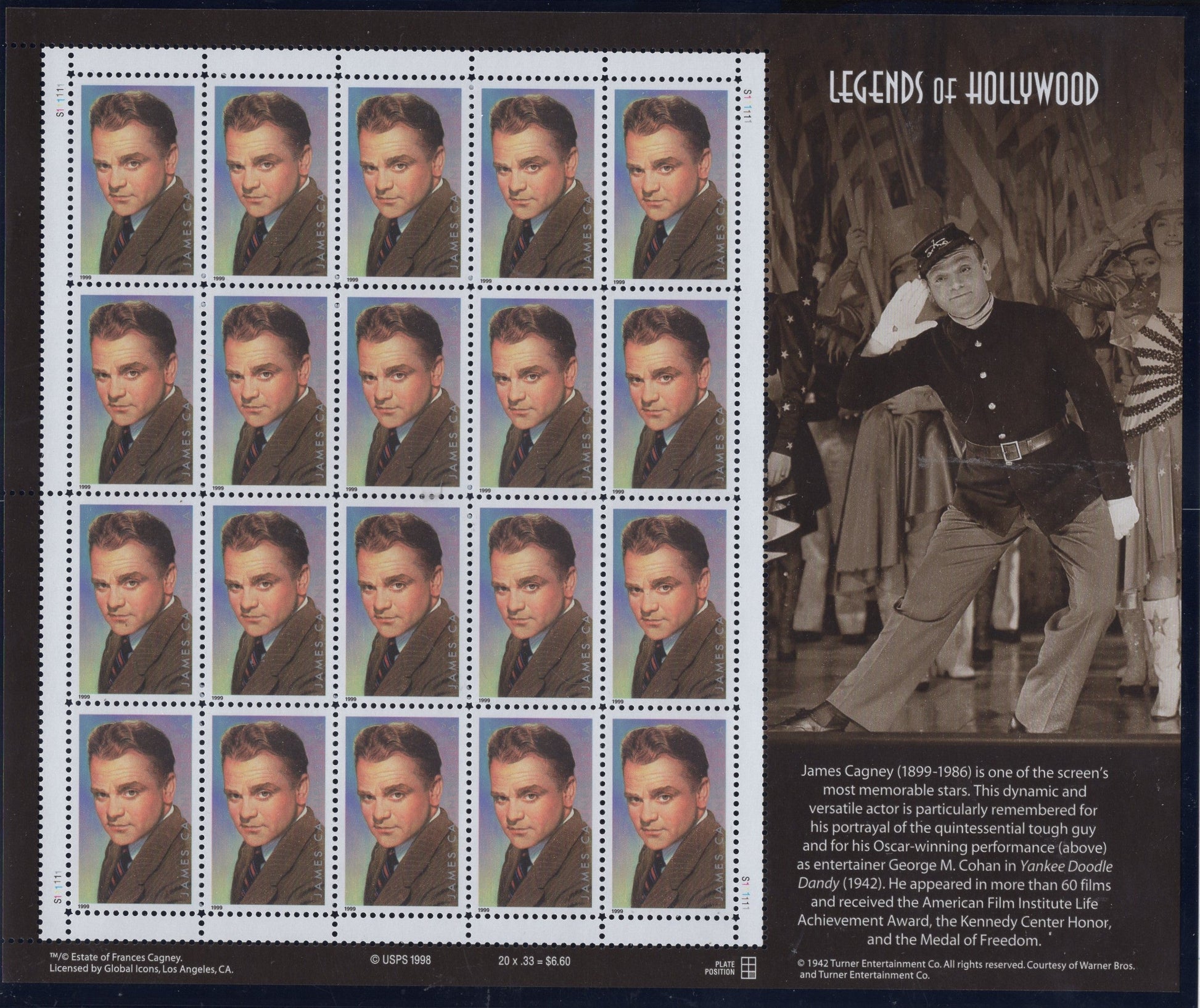 JAMES CAGNEY LEGENDARY ACTOR SPECIAL DECORATIVE SHEET of 20 Stamps - A Great Gift