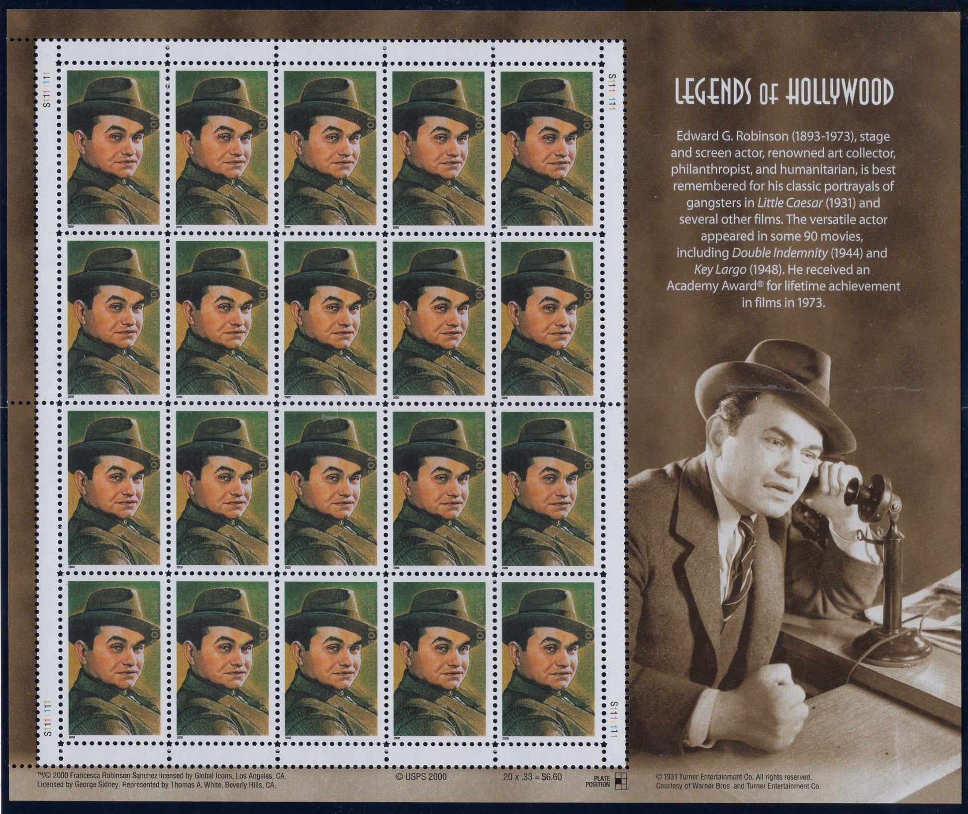 EDWARD G. ROBINSON LEGENDARY ACTOR SPECIAL DECORATIVE SHEET of 20 Stamps - A Great Gift