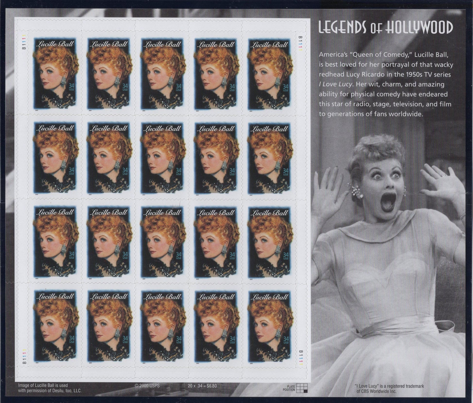 LUCILLE BALL - LEGENDARY ACTRESS COMEDIENNE STUDIO EXECUTIVE SPECIAL DECORATIVE SHEET of 20 Stamps - A Great Gift