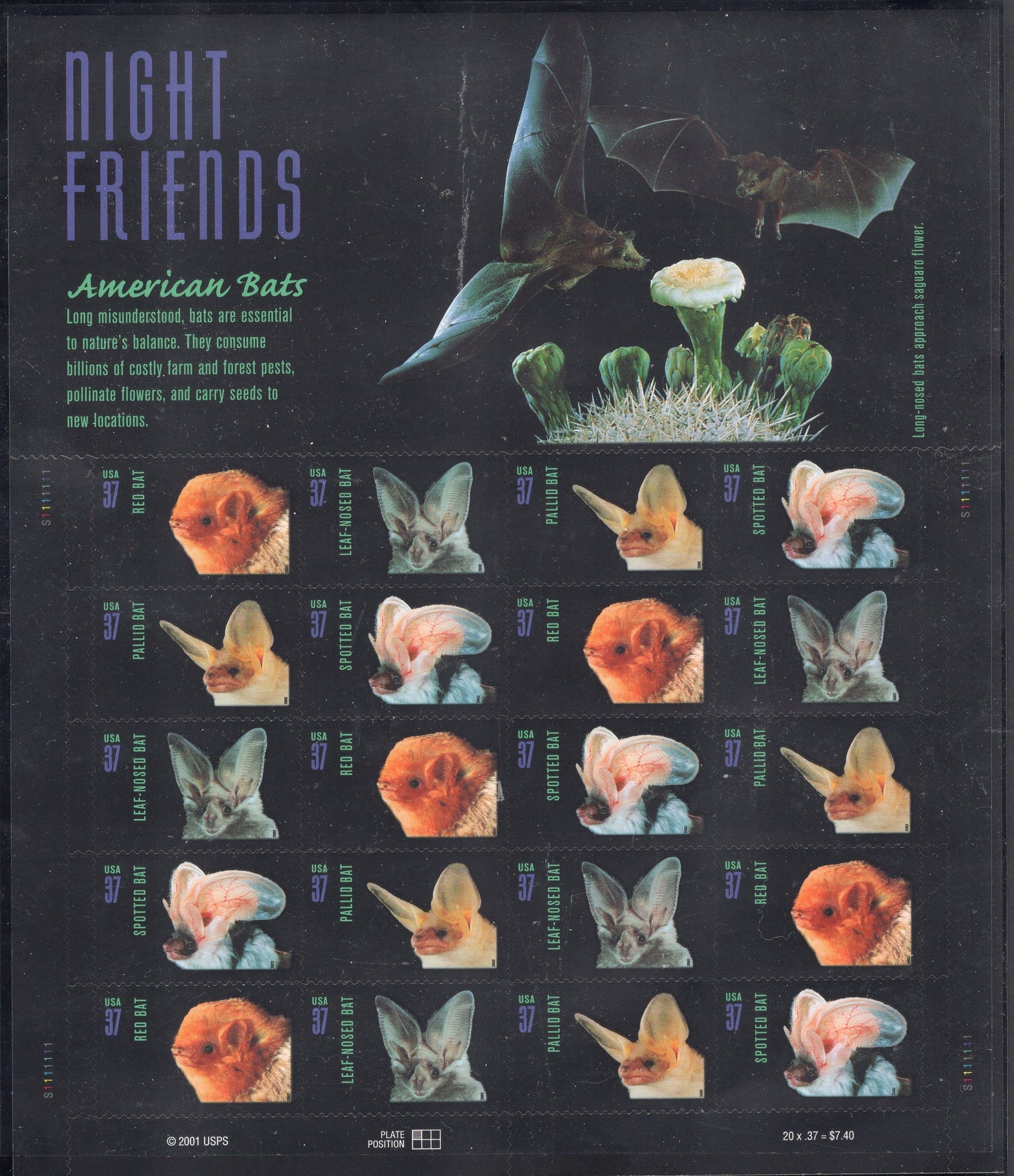 AMERICAN BATS DECORATIVE SHEET of 20 - Scarce and Attractive - Unused Fresh Bright US Postage Stamps - Quantity Available - Issued in 2002