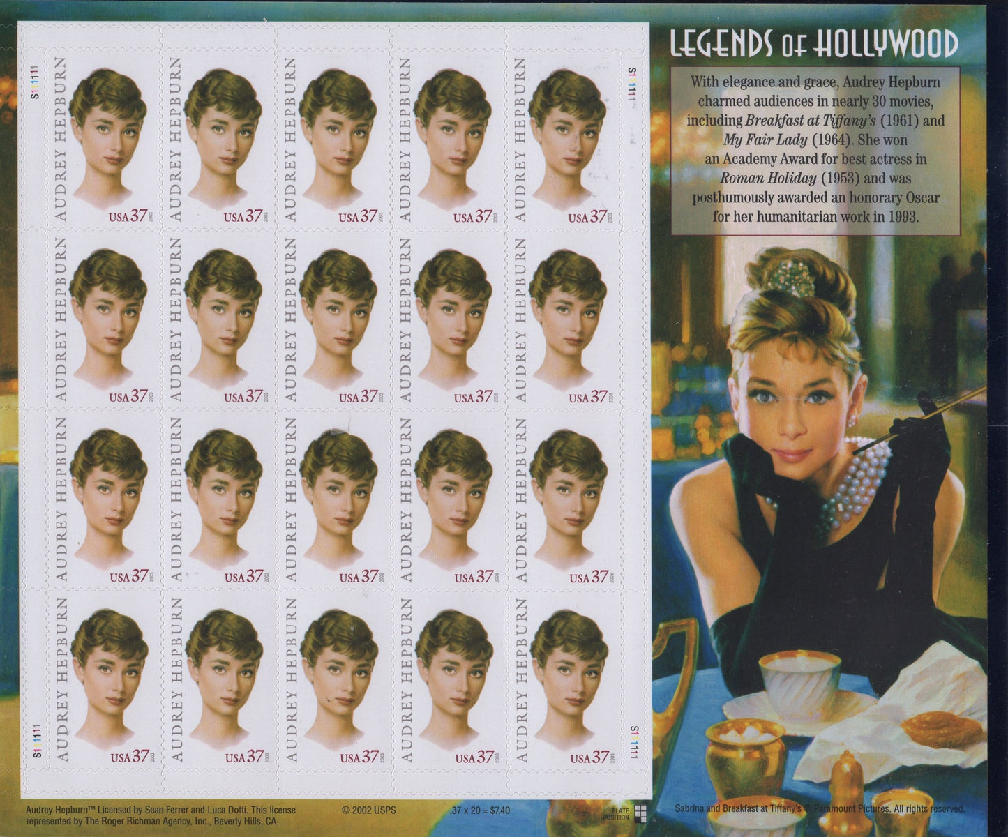 AUDREY HEPBURN - LEGENDARY ACTRESS - SPECIAL DECORATIVE SHEET of 20 Stamps - A Great Gift