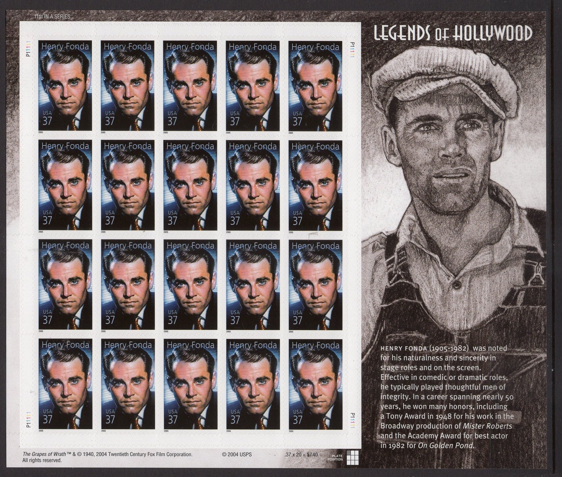 HENRY FONDA - LEGENDARY ACTOR - ON GOLDEN POND - SPECIAL DECORATIVE SHEET of 20 Stamps - A Great Gift