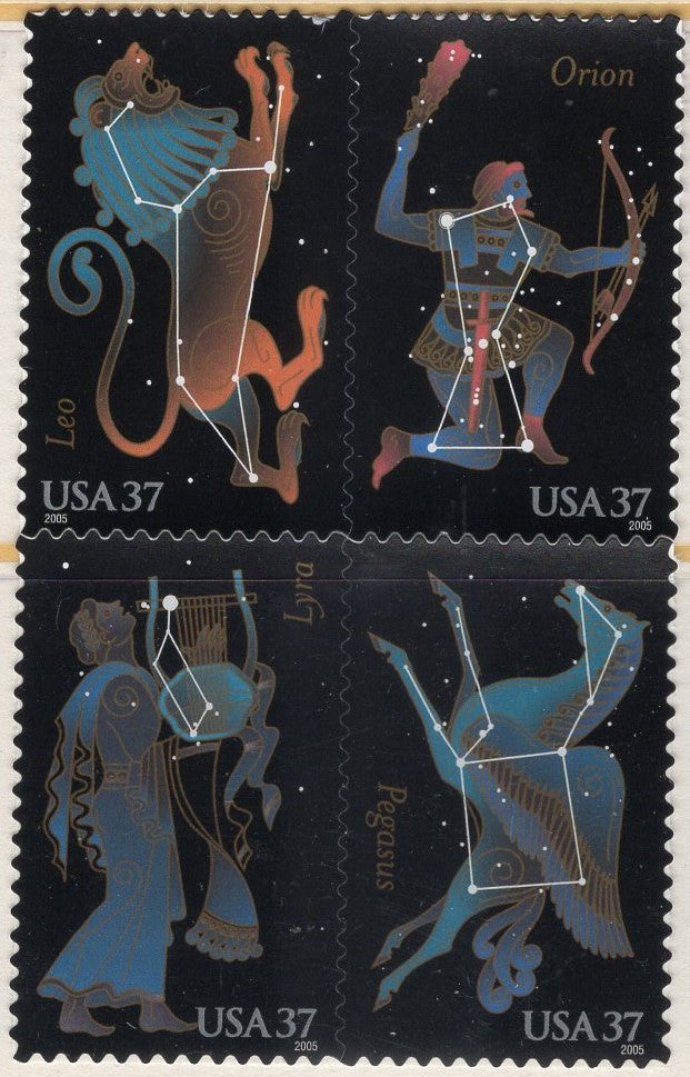 4 ZODIAC CONSTELLATIONS - Leo Orion Lyra Pegasus - Block of 4 - Issued in 2005