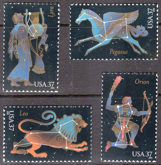 8 ZODIAC CONSTELLATIONS - Leo Orion Lyra Pegasus - (2 each of 4 different stamps) - Issued in 2005