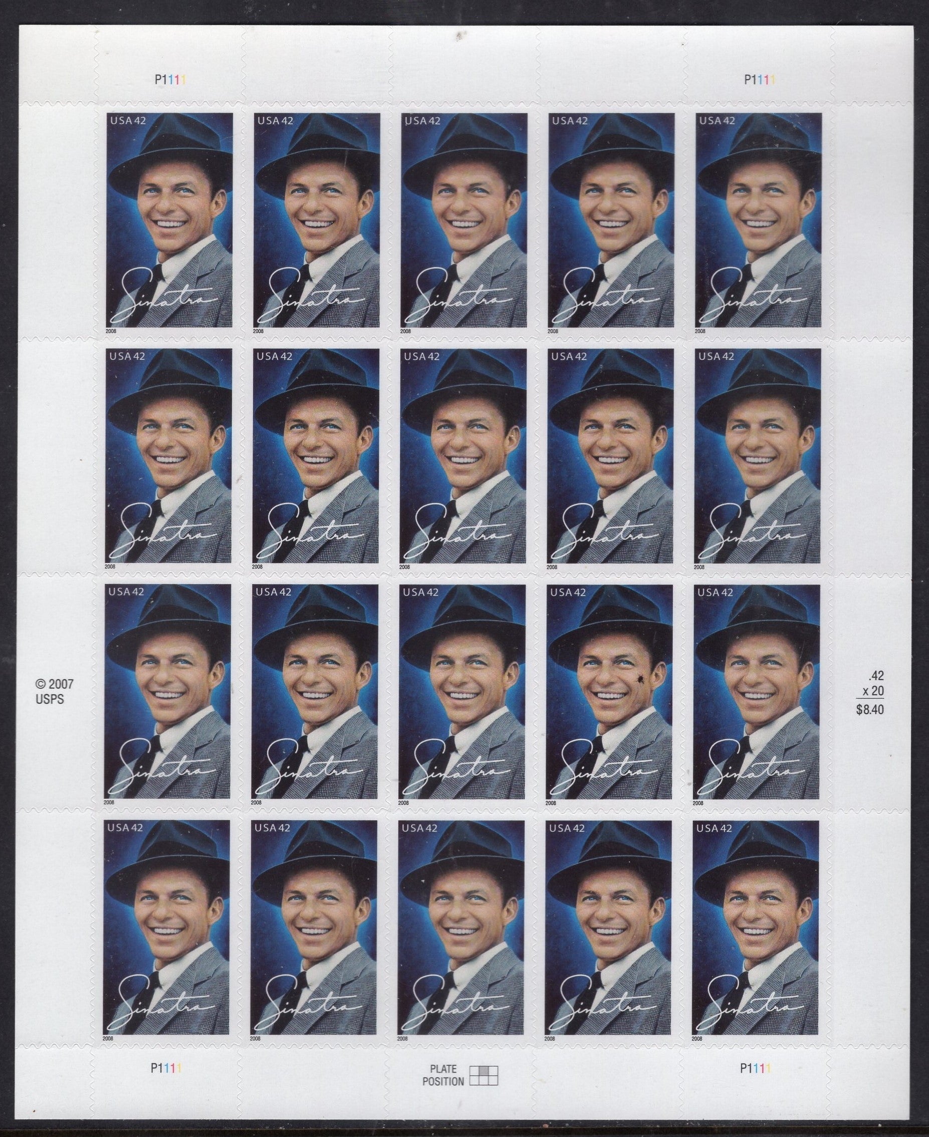 FRANK SINATRA "Blue Eyes" Singer Actor "From Here to Eternity" - "The Rat Pack" Sheet of 20 Stamps - Fresh Bright USA Postage Stamps - Issued in 2008