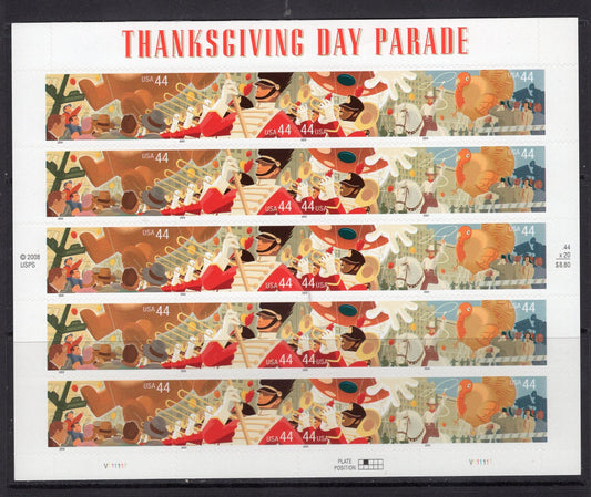 THANKSGIVING PARADE Stamps in SHEET of 20 with Decorative Header - Fresh Bright USA Stamps - Issued in 2009