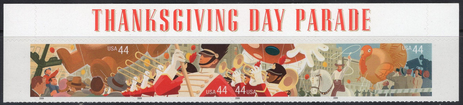 THANKSGIVING PARADE DECORATIVE HEADER STRIP of 4 Stamps - Fresh Bright USA Stamps - Issued in 2009