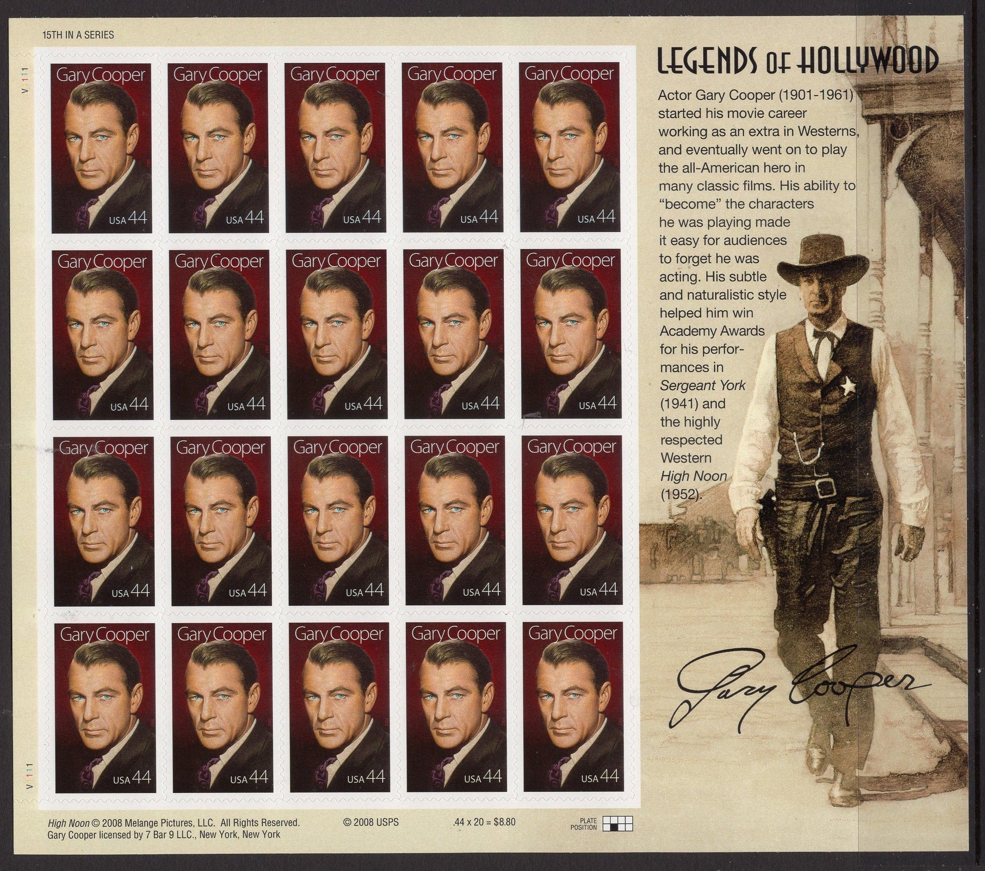 GARY COOPER - LEGENDARY ACTOR - SPECIAL DECORATIVE SHEET of 20 Stamps - A Great Gift