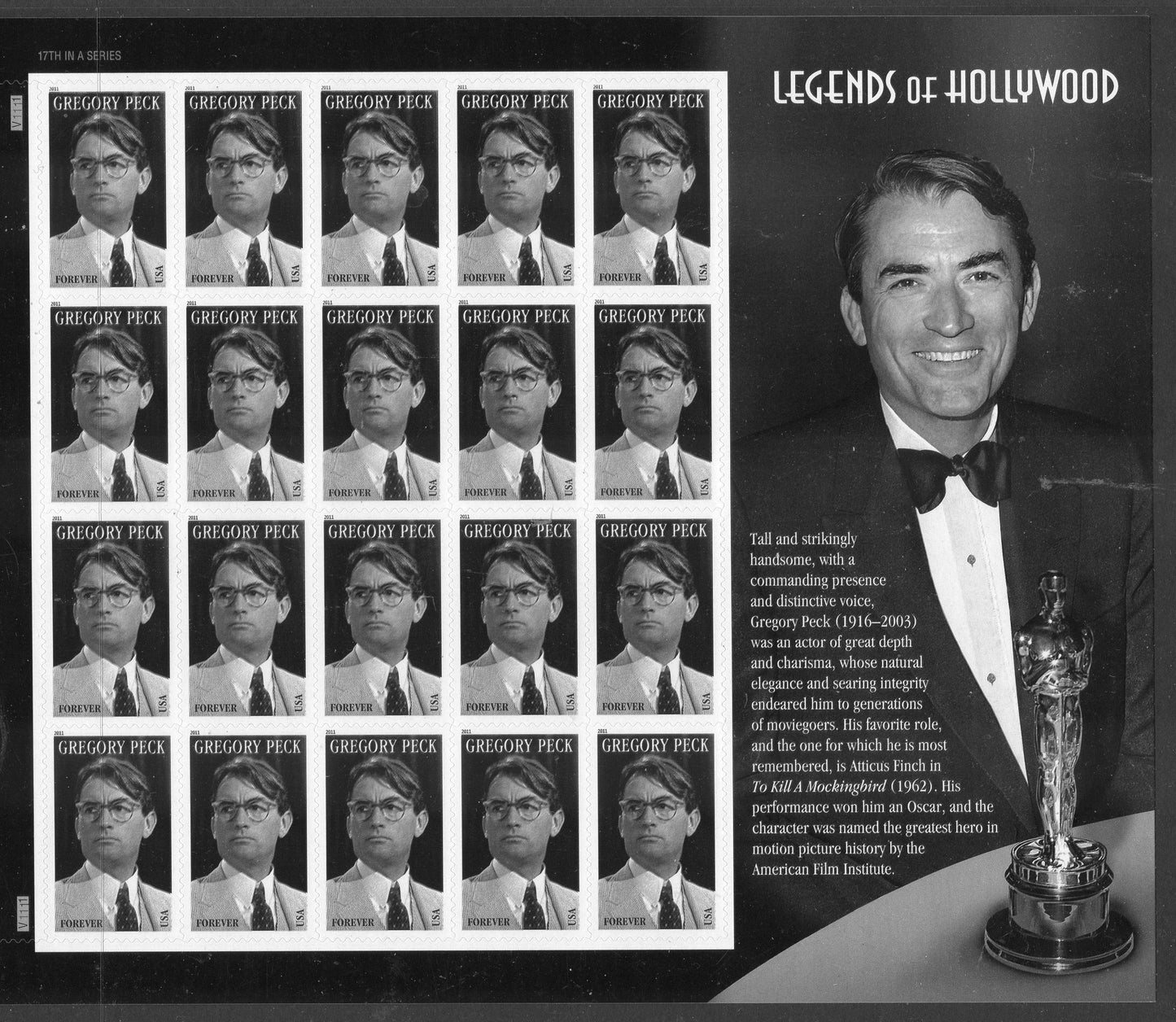 GREGORY PECK - LEGENDARY ACTOR - TO KILL A MOCKING BIRD - SPECIAL DECORATIVE SHEET of 20 Stamps - A Great Gift