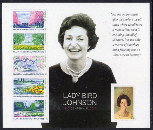 LADY BIRD JOHNSON - PLANT for A More Beautiful AMERICA Sheet of 6 FOREVER STAMPS Unused Bright USA Postage - Issued in 2012 - s4716