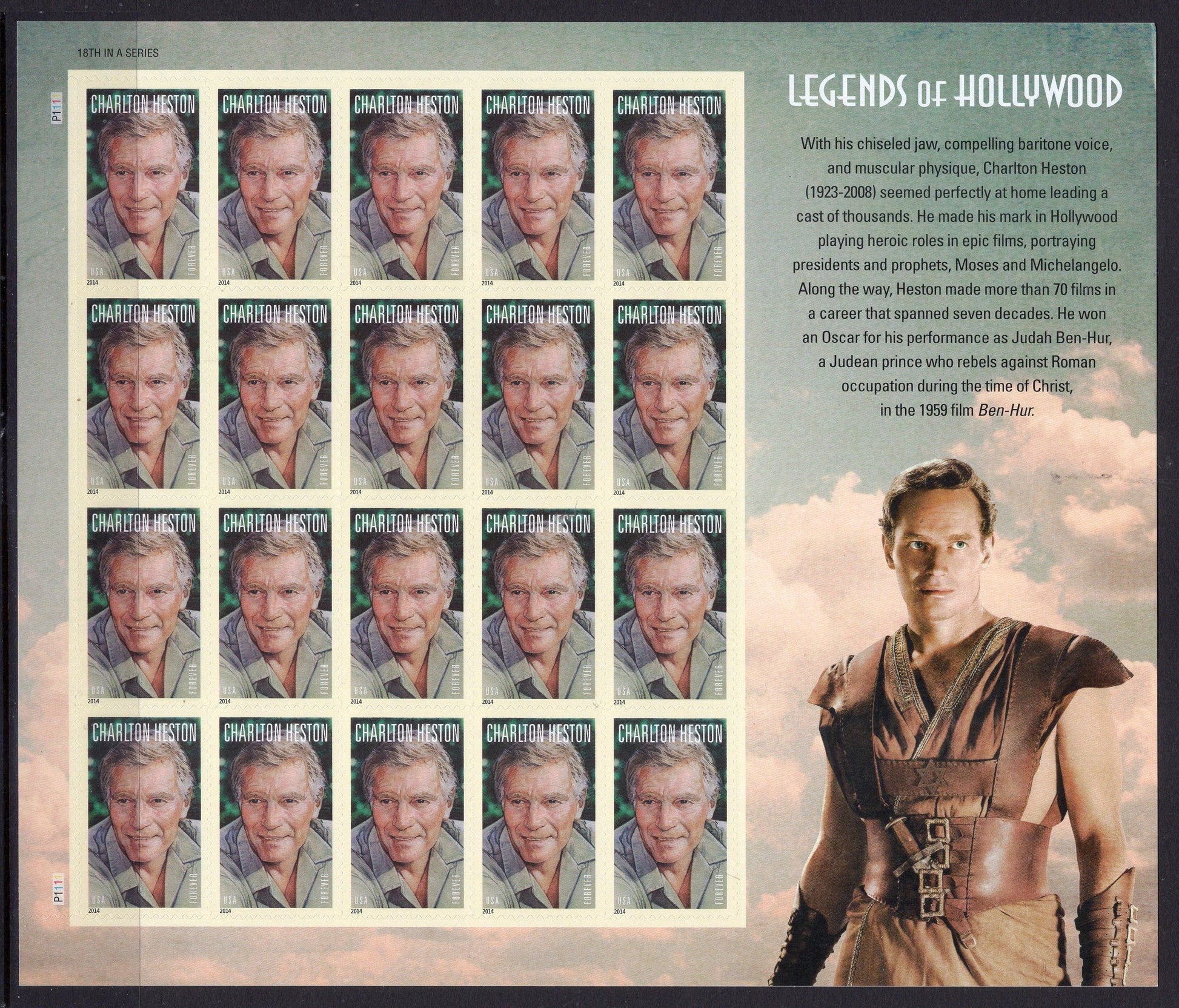 CHARLTON HESTON - LEGENDARY ACTOR - BEN HUR - SPECIAL DECORATIVE SHEET of 20 Stamps - A Great Gift