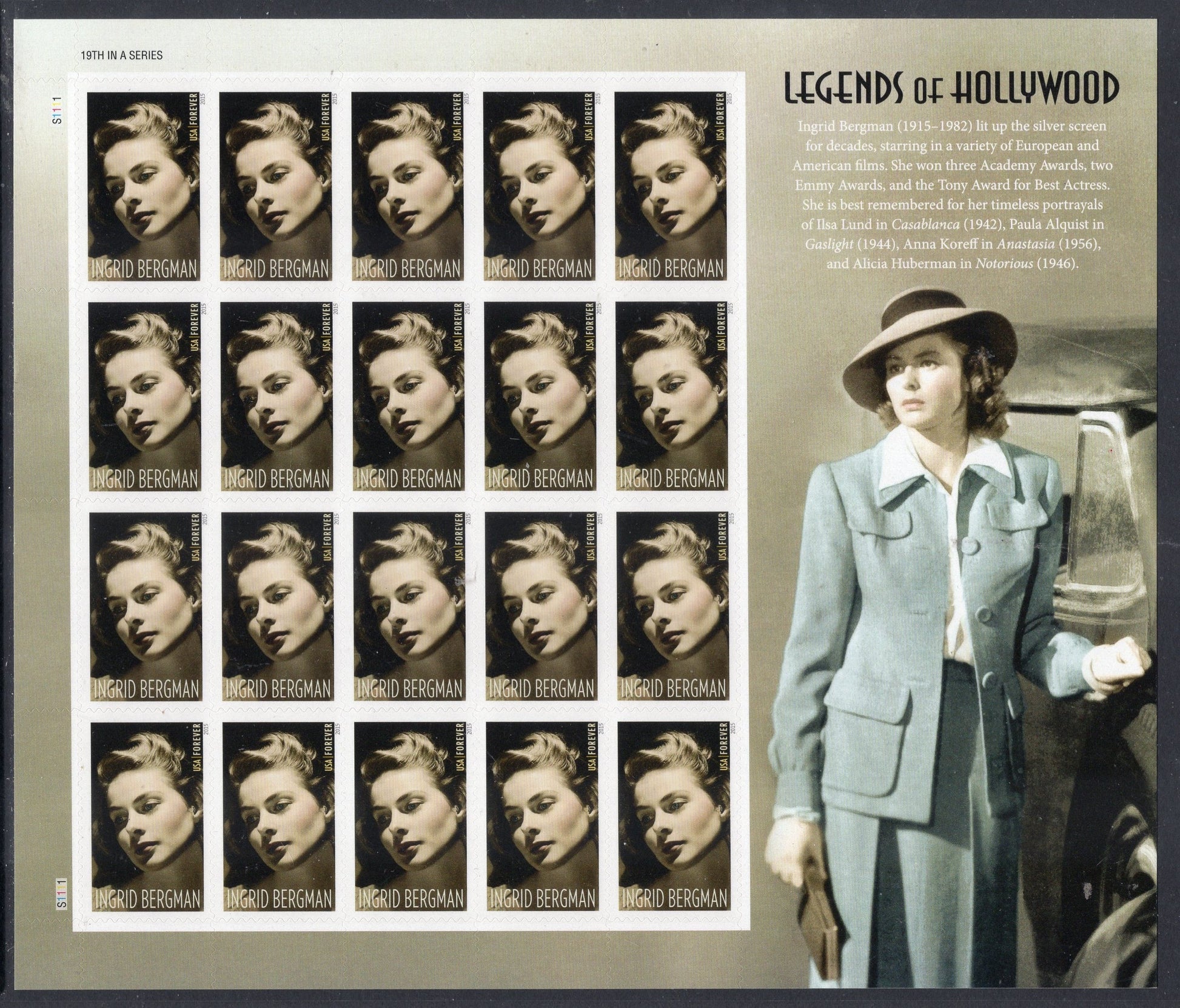 INGRID BERGMAN - LEGENDARY ACTRESS - SPECIAL DECORATIVE SHEET of 20 Stamps - A Great Gift - Issued in 2015