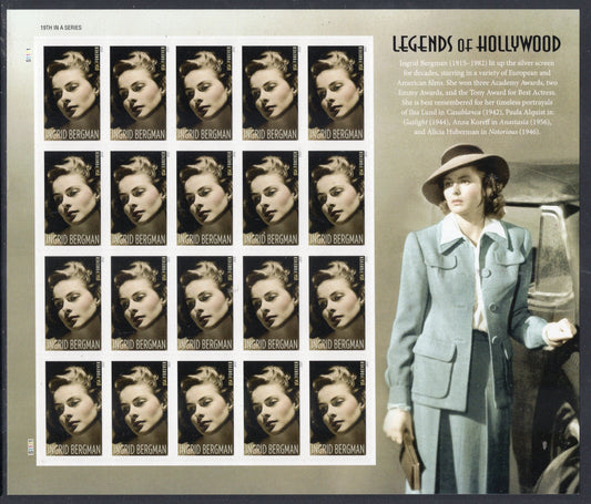 INGRID BERGMAN - LEGENDARY ACTRESS - SPECIAL DECORATIVE SHEET of 20 Stamps - A Great Gift - Issued in 2015