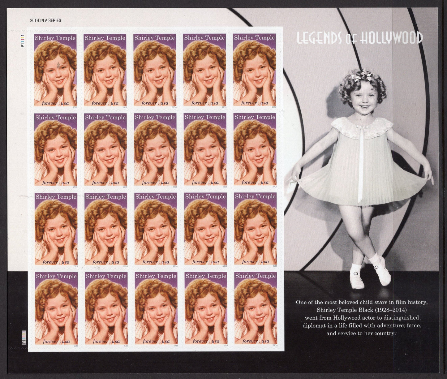 SHIRLEY TEMPLE - LEGENDARY ACTRESS - SPECIAL DECORATIVE SHEET of 20 FOREVER Stamps - A Great Gift - Issued in 2016