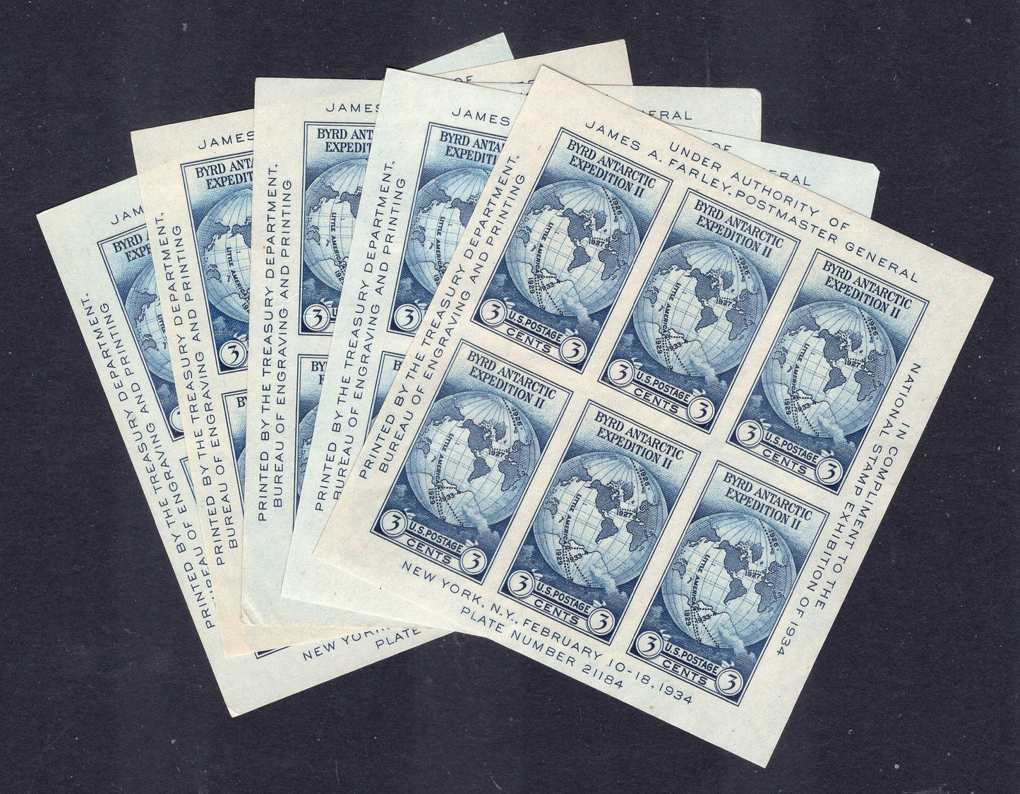 WHOLESALE!  5 BYRD 1933 ANTARCTIC EXPEDITION COMMEMORATIVE SHEETS of 6 IMPERFORATE Stamps - Issued in 1934 by the Post Office without gum - quantity available.