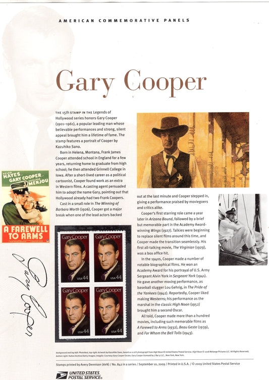 GARY COOPER LEGENDARY ACTOR - The Pride of the Yankees - Special Commemorative Panel with 4 Stamps, Illustrations and Text - Makes a Great Gift measures about 8.5x11 - Issued 2009