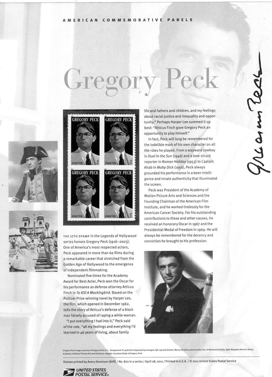GREGORY PECK - LEGENDARY ACTOR - To Kill A Mocking Bird - Moby Dick- Commemorative Panel with 4 Stamps, Illustrations and Text - Makes a Great Gift - measures about 8.5x11 - Issued 2011