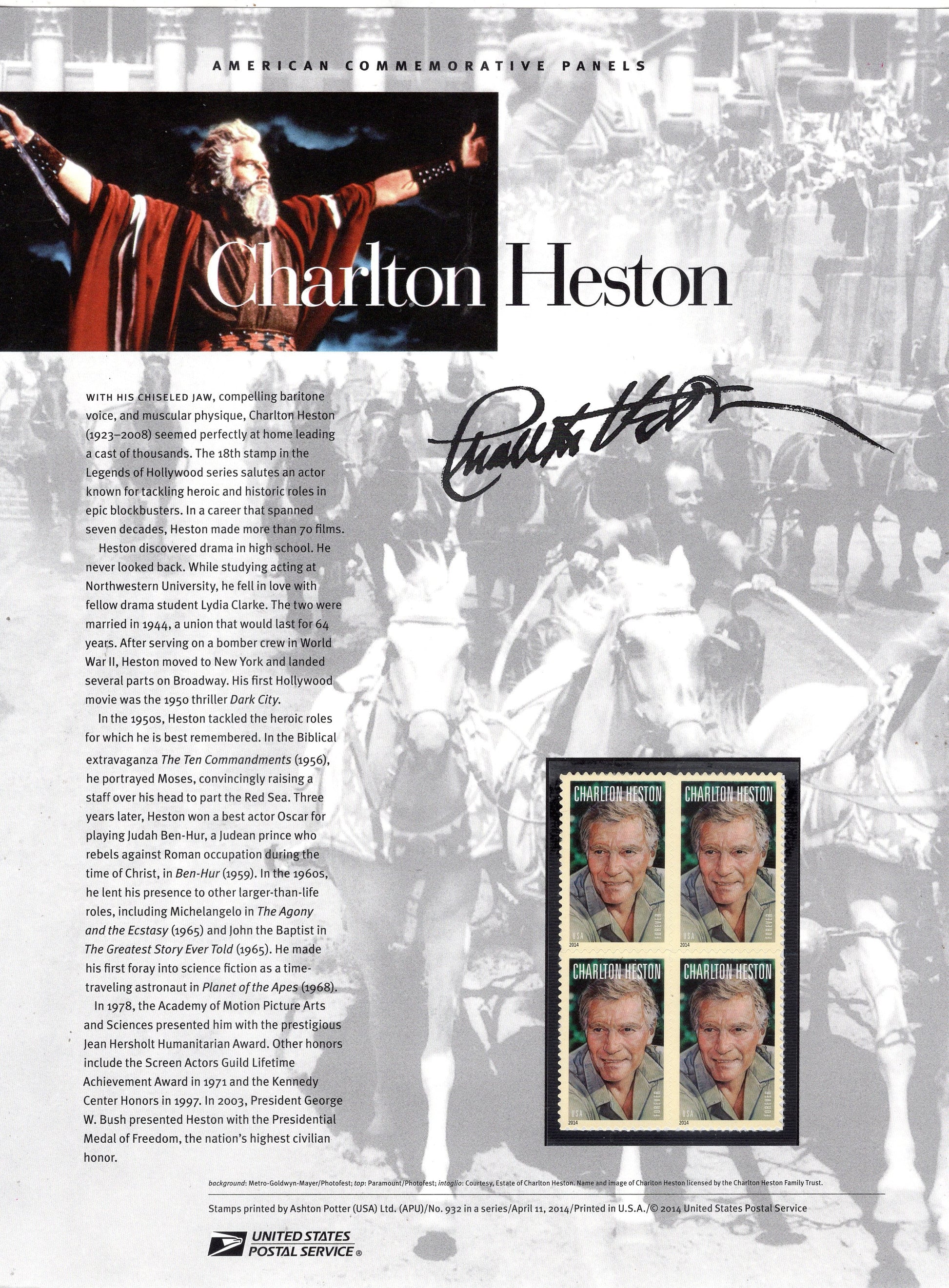 CHARLTON HESTON - LEGENDARY ACTOR - The Ten Commandments - Ben-Hur - Commemorative Panel with 4 Stamps, Illustrations and Text - Makes a Great Gift - measures about 8.5x11 - Issued 2014