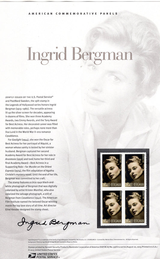 INGRID BERGMAN - LEGENDARY ACTRESS - Casablanca - Murder on the Orient Express - Commemorative Panel with 4 Stamps, Illustrations and Text - Makes a Great Gift - measures 8.5x11 - Issued 2015