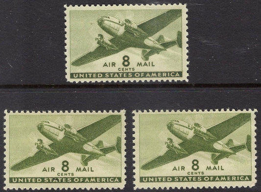 3 USA TRANSPORT PLANES from 1941 Mint, Unused Fresh, Olive Green Postage Stamps - Quantity Available