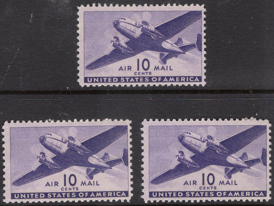 3 USA TRANSPORT PLANES from 1941 Mint, Unused Fresh, PURPLE Postage Stamps - Quantity Available