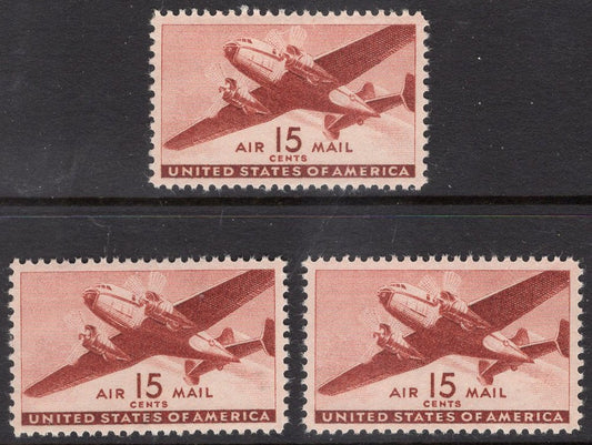 3 USA TRANSPORT PLANES from 1941 Mint, Unused Fresh, BROWNISH RED Postage Stamps - Quantity Available