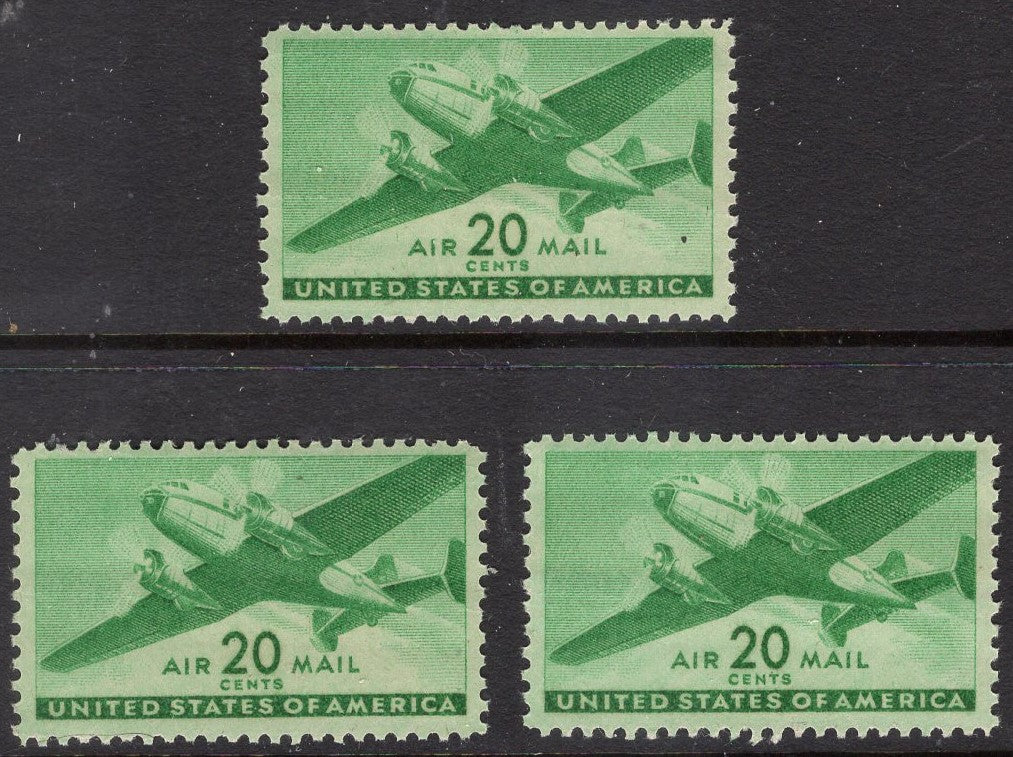 3 USA TRANSPORT PLANES from 1941 Mint, Unused Fresh, Green Postage Stamps - Quantity Available