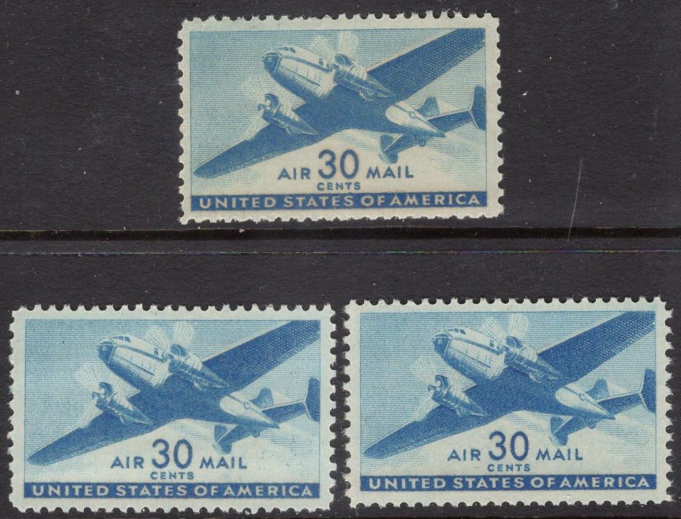 3 USA TRANSPORT PLANES from 1941 Mint, Unused Fresh, BLUE Postage Stamps - Quantity Available