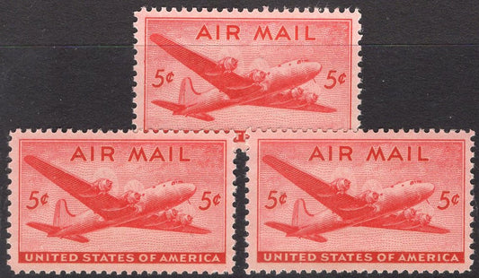 3 USA 5c TRANSPORT PLANES Flying to the Right from 1946 Mint, Unused Fresh, RED Postage Stamps - Quantity Available