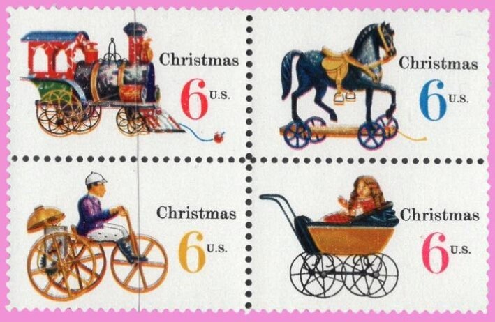 8 Christmas Toys US Postage Stamps - Unused, Bright, Post Office Fresh - Vintage 1970 - Stock# 1415 ping