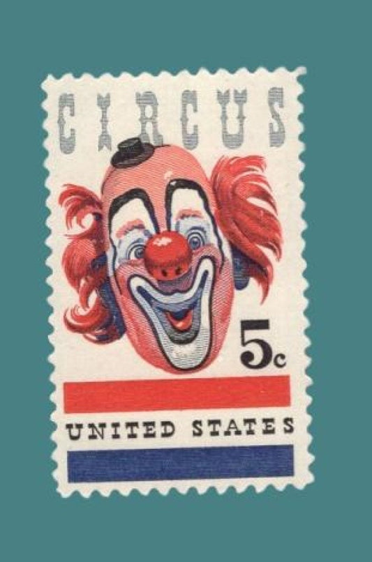 20 CLOWN FACE RINGLING Circus USa Postage Stamps - Unused, Bright, Post Office Fresh - Vintage 1966 - Stock# 1309 