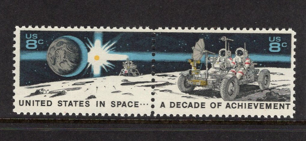 10 SPACE ACHIEVEMENT Stamps (5 Pairs) Earth Lunar Rover Moon -Unused Fresh US Postage - Vintage 1971 - Stock# 1434 