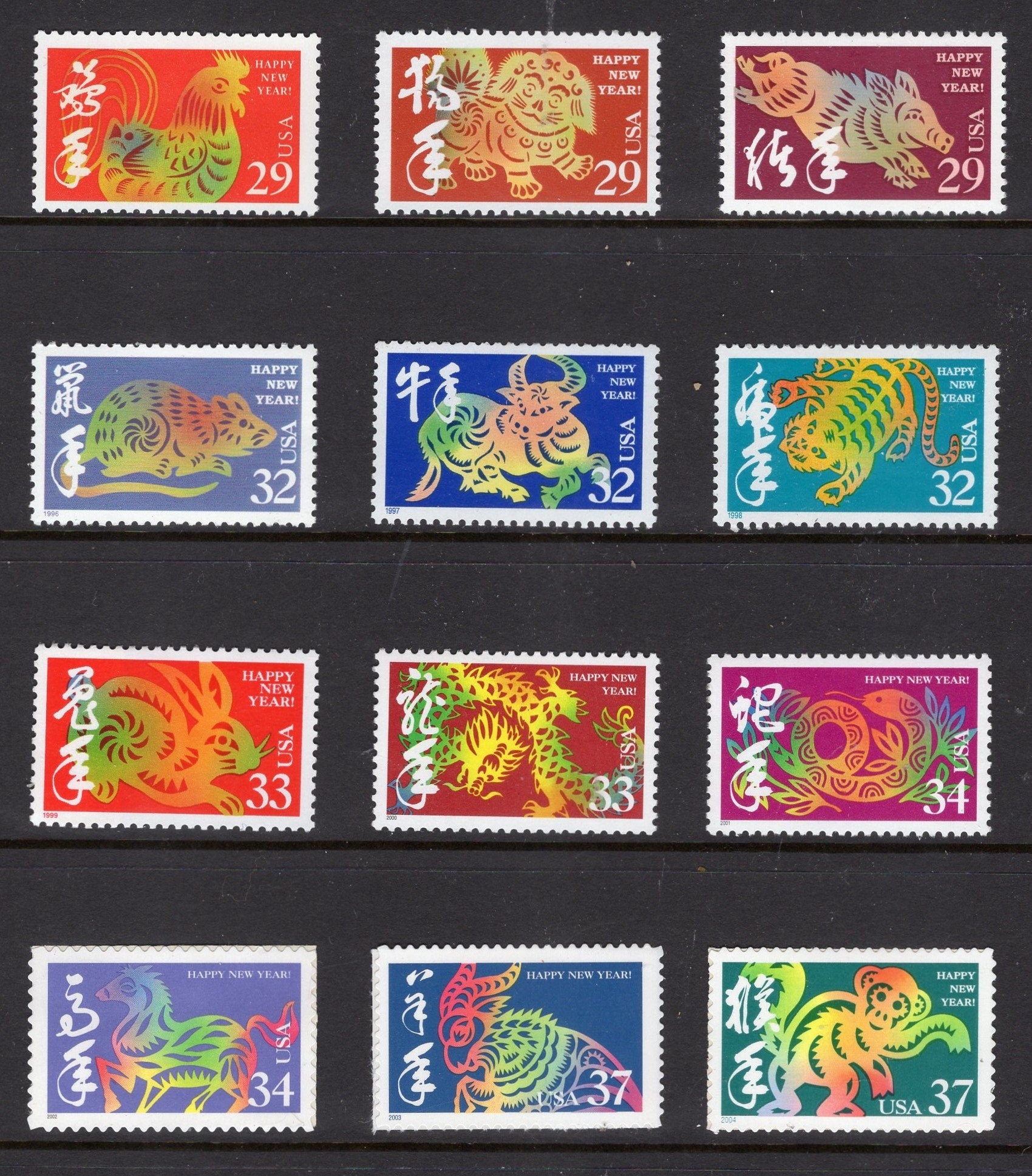 12 LUNAR NEW YEAR Animals Years 1992//2004 - Bright, fresh mint Usa Postage Stamps - Stock# 2720//3832 ping