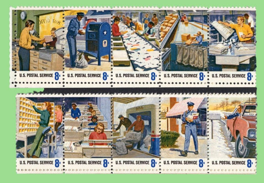 20 POSTAL EMPLOYEES Processing Mail (2 each of 10 different) - Bright Post Office Fresh - Vintage 1973 - Stock# 1489-98 