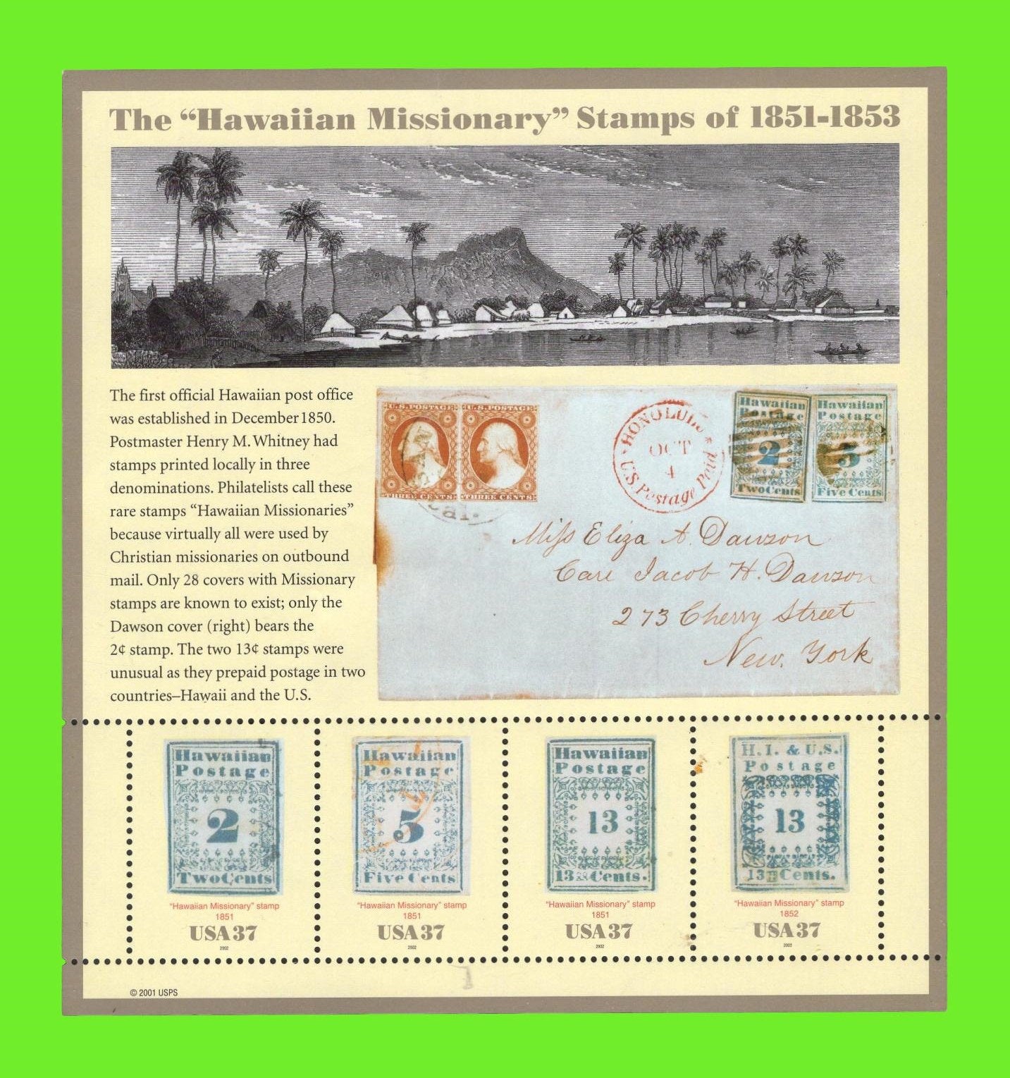 4 HAWAII MISSIONARY Stamps in Decorative Sheet - Unused, Bright Post Office Fresh - Vintage 2002 - Stock# 3694