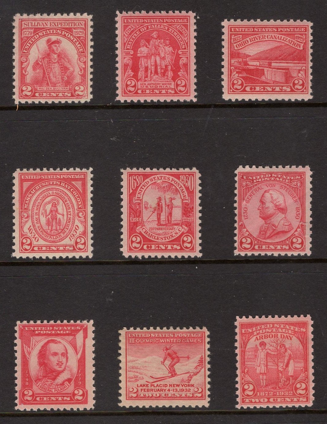 9 2c RED STAMPS VINTAGE issued between Years 1929 to 1932 (Stock# between 657 // 717) Fresh Bright Classic Postage Stamps ping