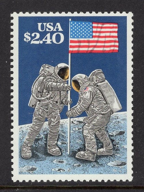 2 MAN on the MOON stamps - Flag, Moonwalk High Value - Fresh, Bright US Postage Stamps-Vintage 1989 - Stock# 2419 