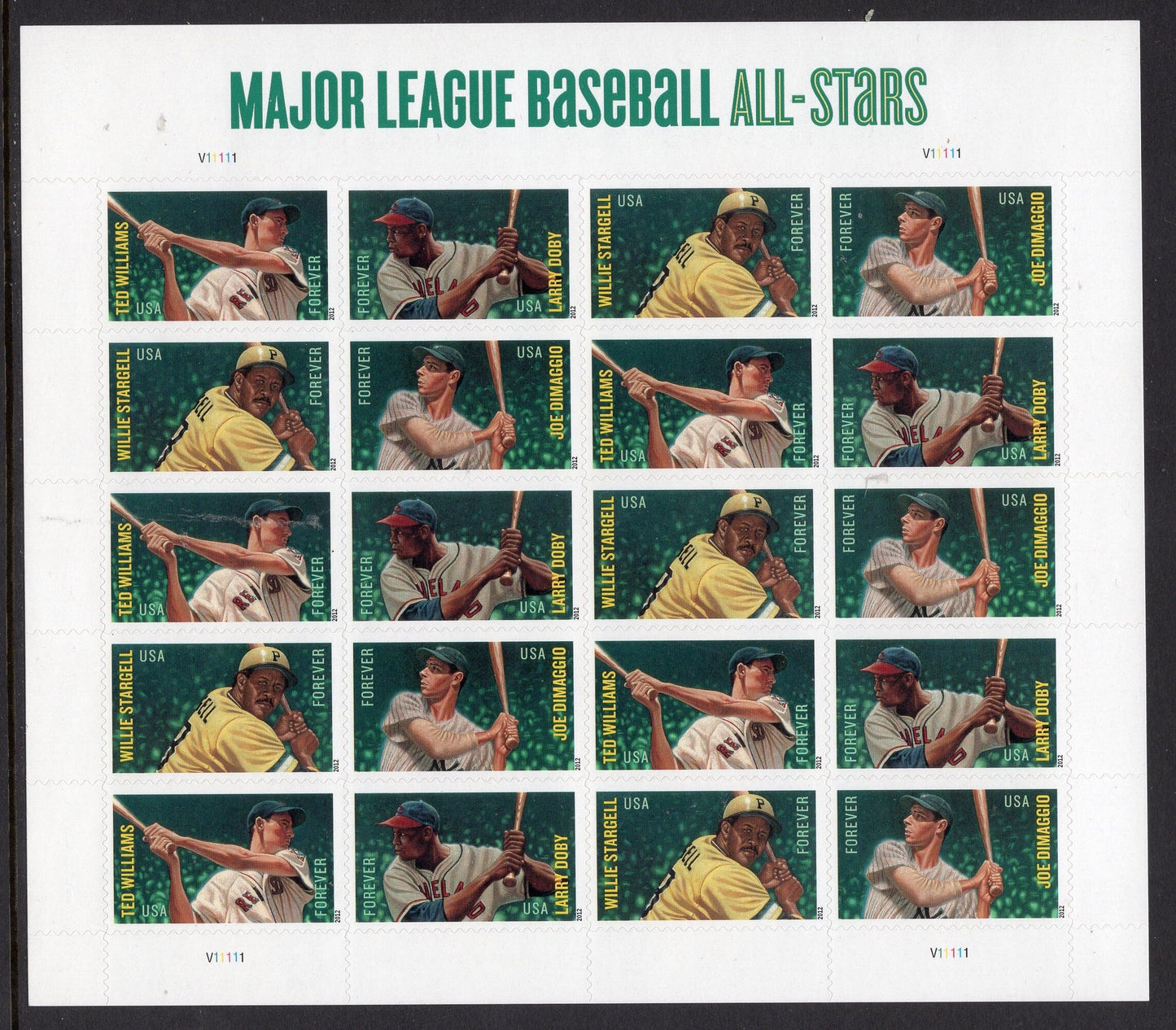 ALL-STARS Williams Doby Stargell DiMaggio 1 Sheet of 20 Baseball Unused US Postage Stamps - Vintage 2012 -Stock# 4694-97 